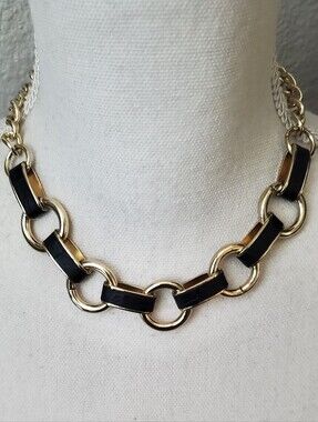 White House Black Market Black Faux Leather & Gold Link Statement Necklace NWOT